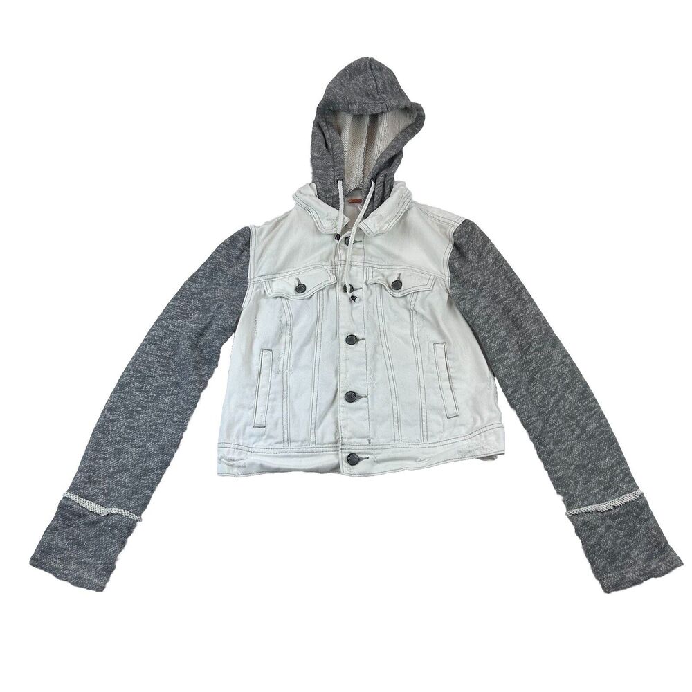 Free People Distressed Denim Jean Jacket Womens XS White Detachable Hood Knit